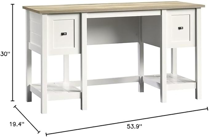 Scranton &amp Co Contemporary Wood Computer Desk Soft White and Lintel Oak Finish 30 in H x 53.9 in W x 19.4 in D File Drawer 2 Storage Drawers Shelves Cottage Style Home Office Desk