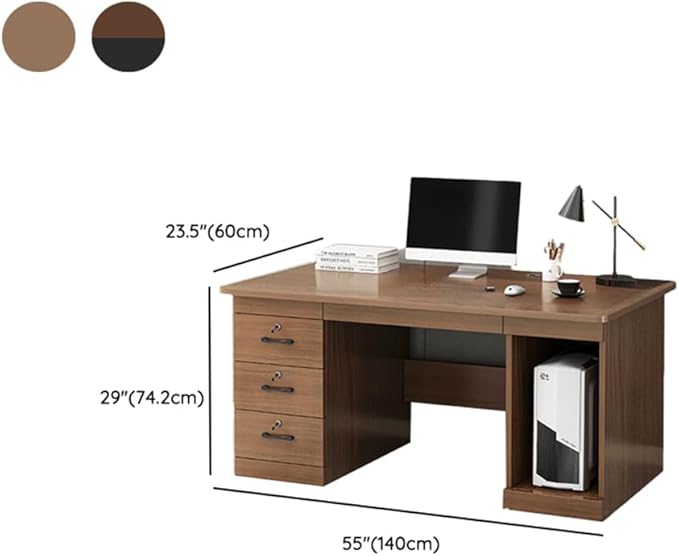 LITFAD Wood Finish Office Computer Desk with 3 Locking Drawer CPU Storage Modern Executive Desk Simple Writing Desk for Home Office Without Chairs 55 L x 23.5 W x 29 H Dark Walnut A