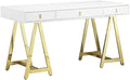 Pemberly Row Modern Lacquer Writing Desk 55 in Wide Steel Metal Frame White and Gold Finish 3 Drawers High Gloss Design Home Office Desk for Workspace or Study