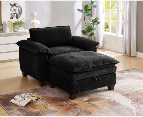 51-Inch Wide Oversized Chenille Recliner Sofa Ottoman with Storage - Upholstered Lounge Chair (Black)