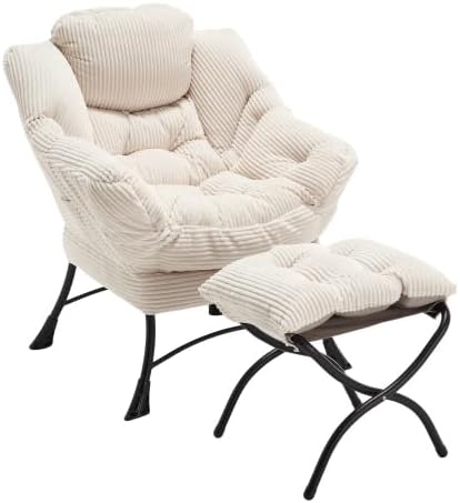 Bellemave Lazy Chair with Ottoman Lounge Accent Chair with Armrests and Side Pocket Leisure Upholstered Sofa Chairs with Footrest for Small Space Reading Chairs for Living Room Bedroom (White)