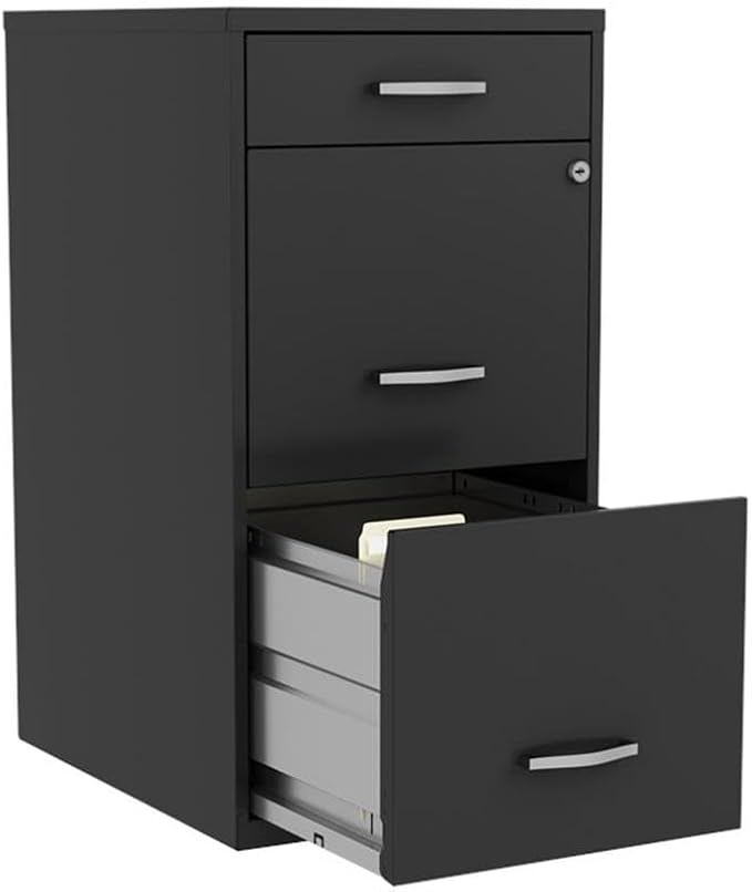 UrbanPro 3-Drawer Metal Filing Cabinet 18 D x 14.25 W x 27.32 H Black Finish Lockable Storage Organizer High-Sided Letter File Drawers Compact Home or Office Filing and Accessory Organizer
