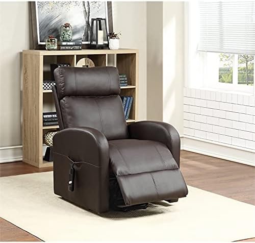 BOWERY HILL Power Lift Recliner 28 W x 37 D x 40 H Brown PU Upholstery Horizontal Tufted Back Contrast Stitching Wired Controller Metal Lift Base Contemporary Style Living Room Chair