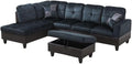 L-Shaped 3-Piece Lint and PVC Sofa with Storage Ottoman Set Sectional Couch Sofa Set for Living Room Office Small Space Dark Blue and Brown