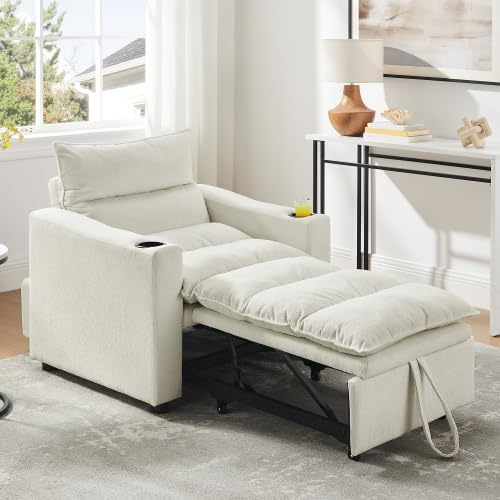 3 in1 Convertible Sleeper Sofa Chair Modern Pull Out Couch Bed Single Chair Bed with Adjustable Back Velvet Folding Compact Recliner for Living Room Bedroom Apartment Small Spaces﻿(Beige)