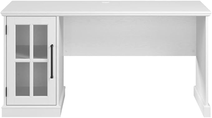 BOWERY HILL Contemporary 60W Computer Desk White Ash Finish Storage Cabinet with Adjustable Shelf Wire Management Matte Black Handles Home Office Desk for Workspace or Small Home Office Use