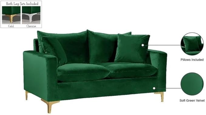 Meridian Furniture Naomi Collection Modern | Contemporary Green Velvet Upholstered Loveseat with Stainless Steel Base in a Rich Gold or Chrome Finish 58 W x 33.5 D x 30 H