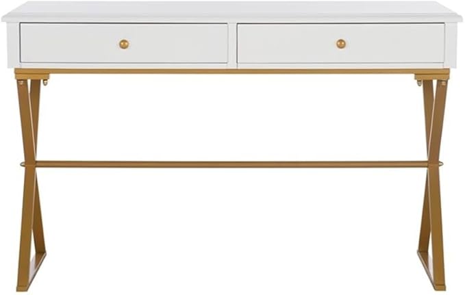 Pemberly Row Modern Metal Desk 47.5 W x 19.5 D x 29.25 H White MDF Top Brass Finish Legs 2 Drawers Sleek Home Office Desk for Bedroom or Living Room Workspace Assembly Required