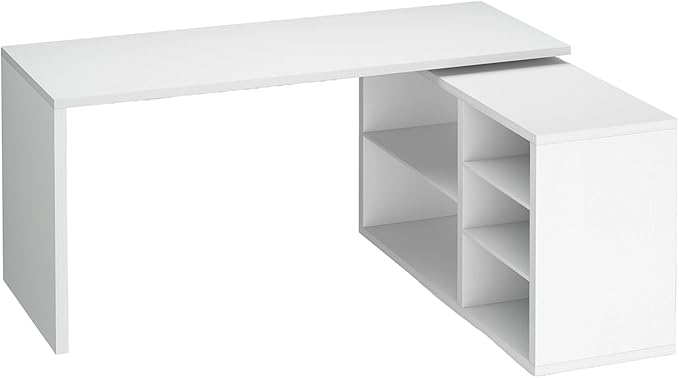 HSH White L Shaped Desk with Shelf Reversible Modern Home Office Desk Workstation L Shape Computer Desk with Storage Cabinet Drawer Industrial Wood Corner Table for Work Study Writing Gaming 55 In