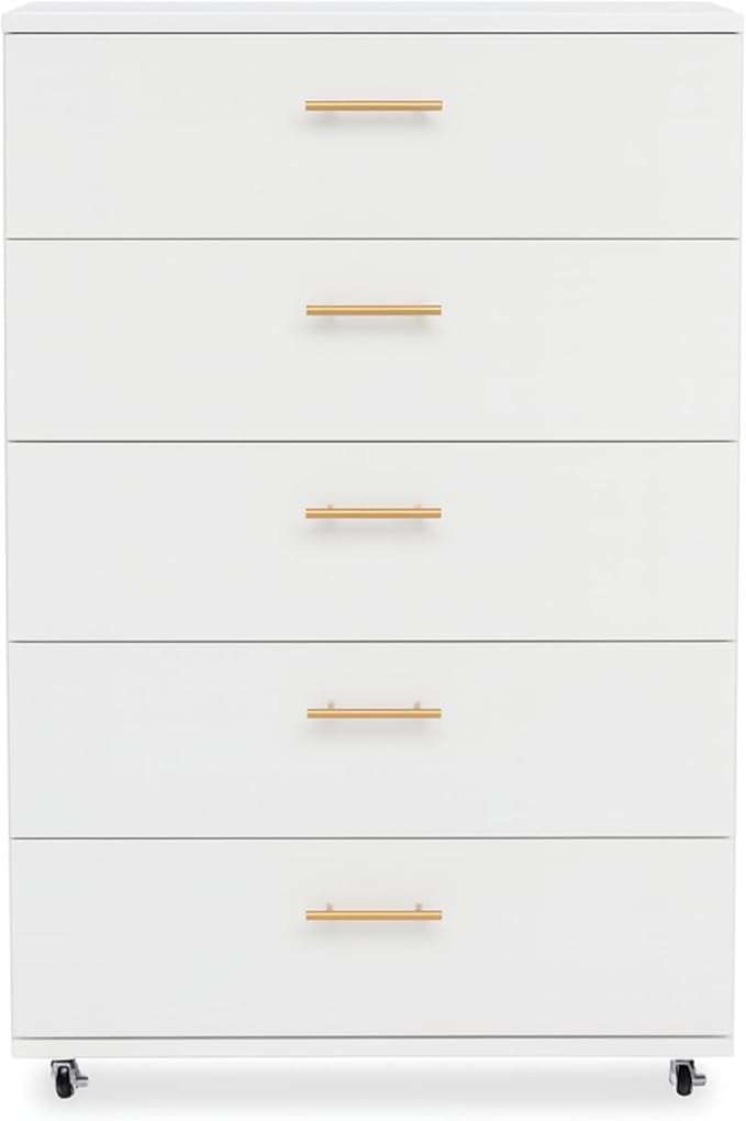 Vertical File Cabinet 5 Drawer Mobile File Cabinet Under Desk Wooden Filing Cabinet Storage Organization Filing Cabinet with Wheels for Home Office (Z-White)