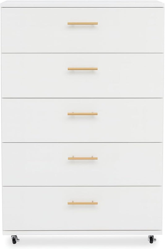 Vertical File Cabinet 5 Drawer Mobile File Cabinet Under Desk Wooden Filing Cabinet Storage Organization Filing Cabinet with Wheels for Home Office (Z-White)