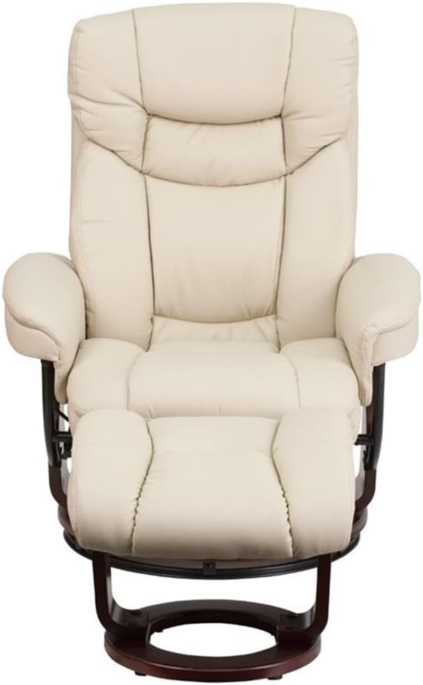 BOWERY HILL Contemporary Leather Swivel Recliner and Ottoman Beige LeatherSoft Upholstery Mahogany Wood Base Plush Foam Padding Adjustable Recline Living Room or Bedroom Chair Set