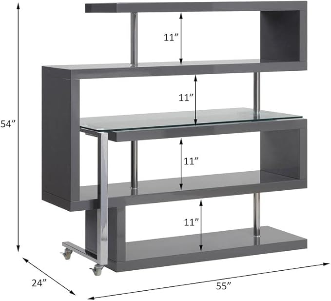 BOWERY HILL L-Shaped Glass Top Writing Desk Chrome and Gray High Gloss Finish Metal and MDF Construction 55 W x 24 D x 54 H 4 Shelves Swivel Function Modern Small Space Home Office Desk