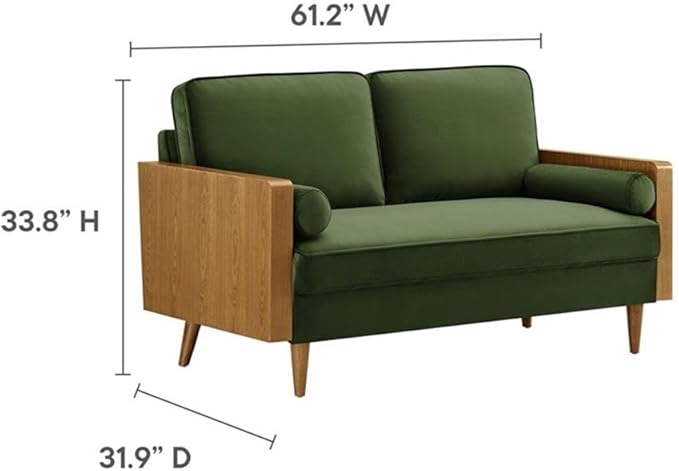 MAKLAINE Contemporary Vegan Leather Upholstered Loveseat Walnut Moss Green Finish Wood Veneer Armrests High-Density Foam Down Blend Cushions Tapered Wood Legs Mid Century Style for Living Room