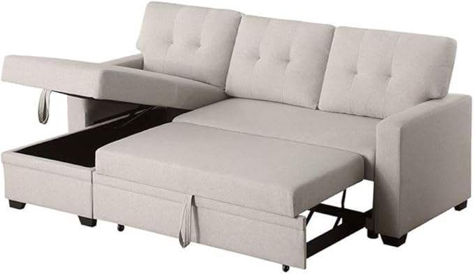 Devion Furniture L-Shaped Polyester Fabric Reversible Easy Convertible Pull-Out Sleeper Sectional Sofa/Storage Chaise with Tufted Back Cushions and Track Arms in Beige