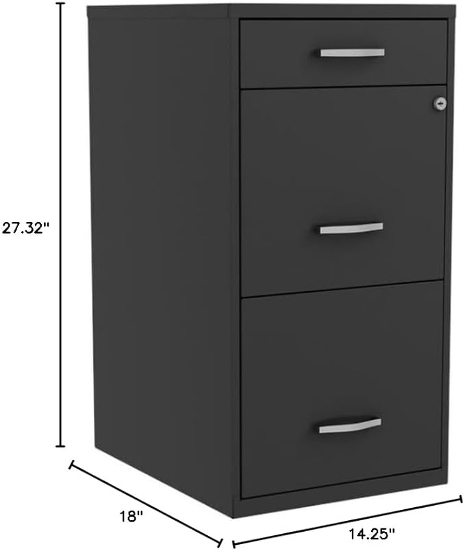 UrbanPro 3-Drawer Metal Filing Cabinet 18 D x 14.25 W x 27.32 H Black Finish Lockable Storage Organizer High-Sided Letter File Drawers Compact Home or Office Filing and Accessory Organizer