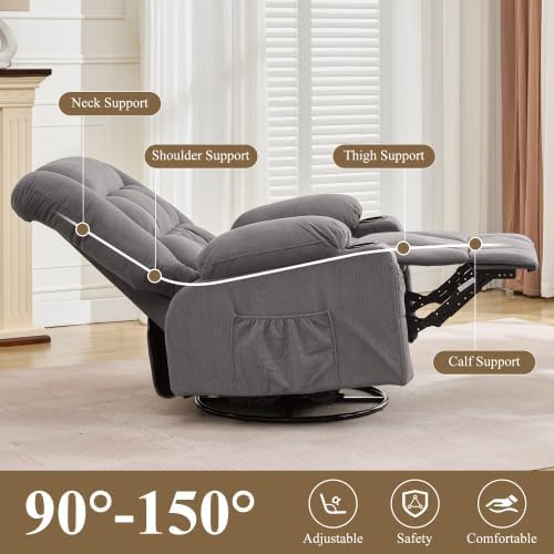 Oversized Recliner Chair for Adults w/ 4-Point 3D Kneading Massage and Lumbar Heating Swivel Rocker Recliner w/USB Charge Port for Living Room Ergonomic Lazy Boy Single Sofa Chair (Gray)