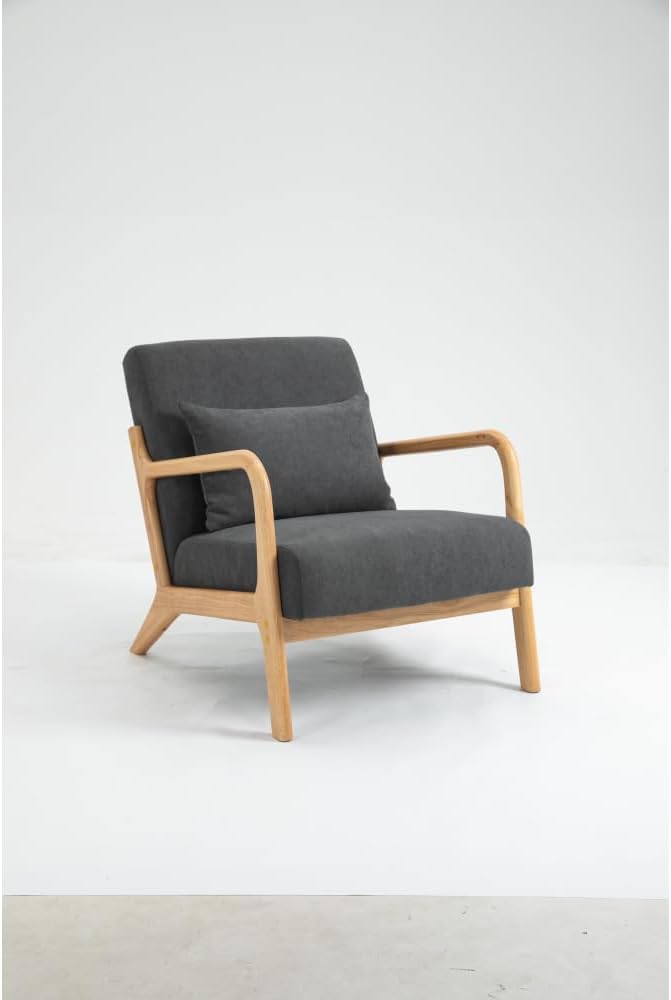Mid Century Modern Accent Chair with Wood Frame Upholstered Living Room Chairs with Waist Cushion Reading Armchair for Bedroom Sunroom (Grey + Velvet + Cotton)