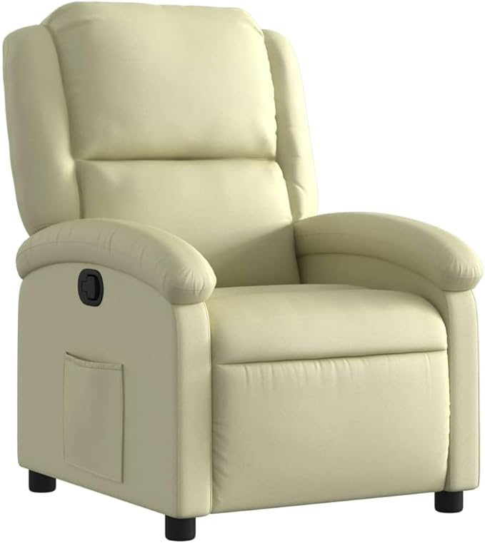 vidaXL Cream Recliner Chair - Wingback Armchair for Home Theater with Side Pocket Wooden/Metal Frame Manual Recline Function 100% Real Leather