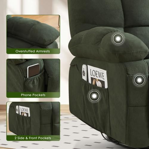 Oversized Recliner Chair for Adults w/ 8-Point 3D Kneading Massage and Lumbar Heating Swivel Rocker Recliner w/USB Charge Port for Living Room Ergonomic Lazy Boy Single Sofa Chair (Green)