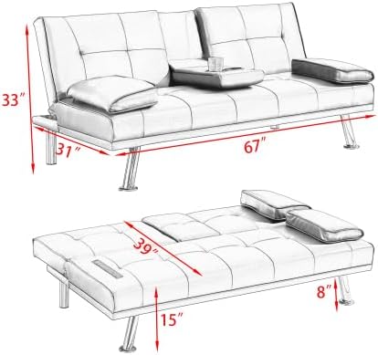 Futon Sofa Bed Modern Folding Couch for Small Space Faux Leather Convertible Loveseat Sleeper Bed Daybed Recliner Lounge Sofas for Living Room2 Cup HoldersMetal LegsRemovable Armrests (Red)