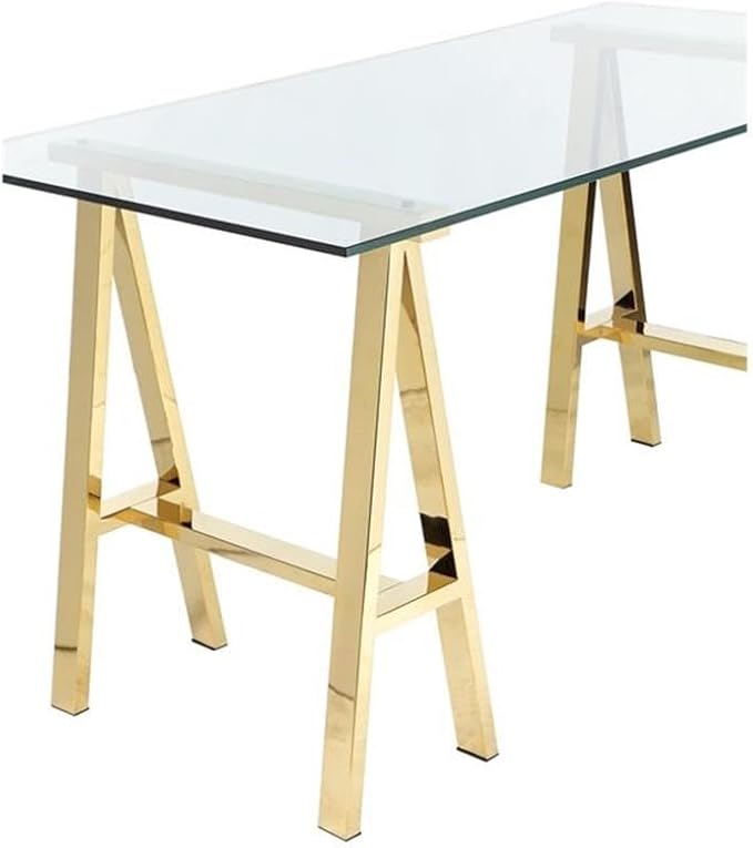 Pemberly Row Contemporary Small Writing Desk 55 in Glass Top Polished Gold Metal Sawhorse Legs Tempered Glass Hand Polished Finish Modern Style Home Office Desk No Assembly Required