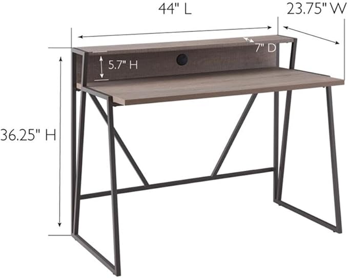 Pemberly Row Writing Desk 44 L x 23.75 W x 36.25 H HPL Worksurface Roughsawn Oak and Gunmetal Finish MDF Shelf with Cable Management Contemporary Style Home Office Desk with Upper Storage