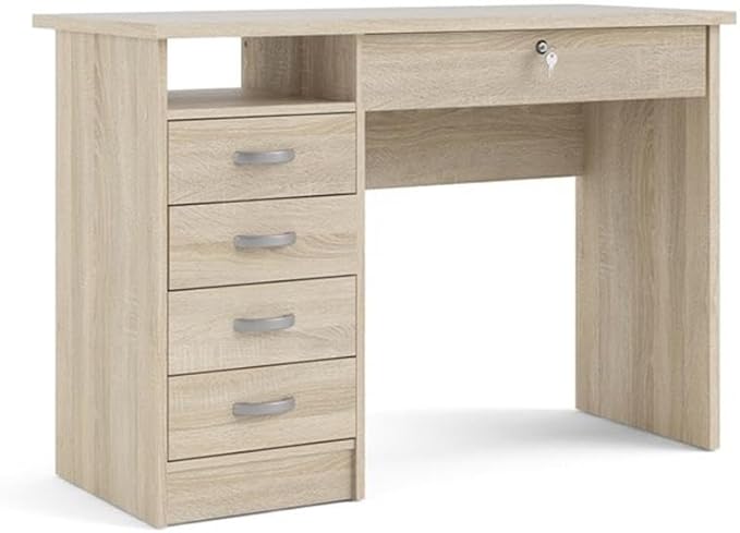 Pemberly Row Contemporary Desk with 5 Drawers 43 in Wide Engineered Wood Oak Finish Lockable Drawer Open Shelf Scandinavian Design for Home Office or Living Room