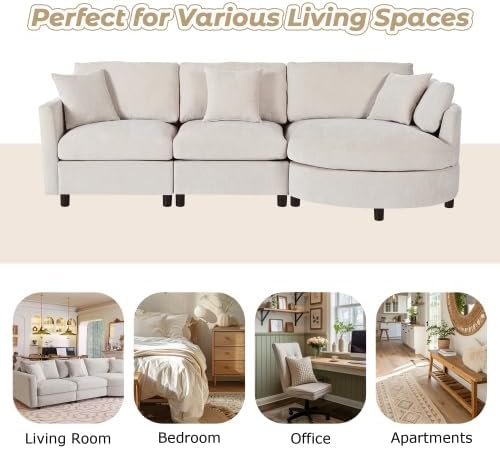 105 Chenille Fabric 3-Piece Sectional Sofa with Curved Chaise and 3 Throw Pillows 3-Seat Upholstered Couch with Solid Pine Wood Frame Perfect for Living Rooms Offices and Apartments (Beige-05)