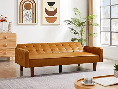 Modern PU Leather 3-Seat Couch Adjustable Backrest Convertable Sofa Sleek Minimalist Fold Out Couch Loveseat with Armrests Sofa for Living Room Home Office Spaces Brown
