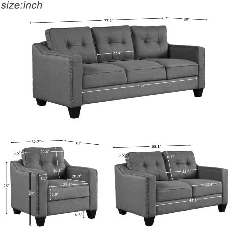 Eafurn 3-Piece Mid-Century Linen Upholstered Living Room Furniture Sets Include 3 Seater Sofa Loveseat Couches and Armchair with Tufted Back Cushions and Nailhead Trim for Living Room/Bedroom/Home