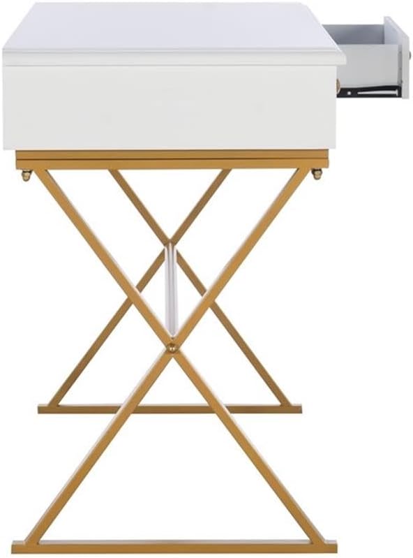 Pemberly Row Modern Metal Desk 47.5 W x 19.5 D x 29.25 H White MDF Top Brass Finish Legs 2 Drawers Sleek Home Office Desk for Bedroom or Living Room Workspace Assembly Required