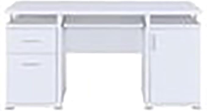Pemberly Row 2-Drawer Wood Computer Desk 55 W x 23.5 D x 29.5 H White Finish Modern Home Office Desk with Keyboard Tray File Drawer Adjustable Shelf Storage Cabinet Silver Metal Accents