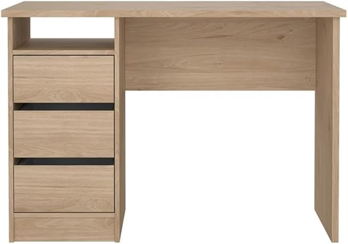 Pemberly Row Writing Desk 43.31 in. H x 19.09 in. D x 29.92 in. W Engineered Wood with Jackson Hickory Finish 3 Smooth Gliding Drawers Open Shelf Compact Home Office Desk for Small Spaces