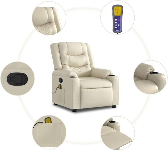vidaXL Cream Faux Leather Massage Recliner Chair - Manual Reclining Armchair with Vibration Massage &amp Cup Holders for Living Room Lounge