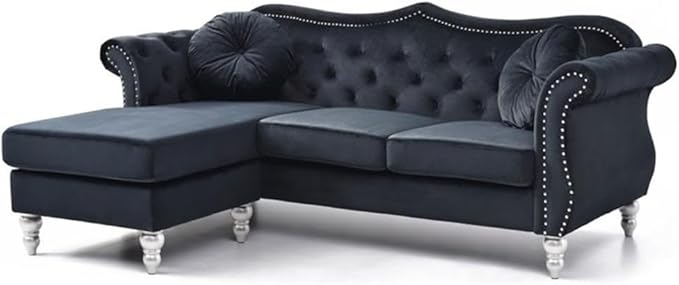 MAKLAINE Transitional Tufted Velvet Sofa Chaise Black Finish 81 in Wide Hardwood Frame Pocket Coil Seat Turned Wood Legs Hand Applied Nailheads Flared Arms Living Room Seating Includes 2