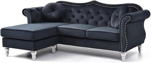MAKLAINE Transitional Tufted Velvet Sofa Chaise Black Finish 81 in Wide Hardwood Frame Pocket Coil Seat Turned Wood Legs Hand Applied Nailheads Flared Arms Living Room Seating Includes 2