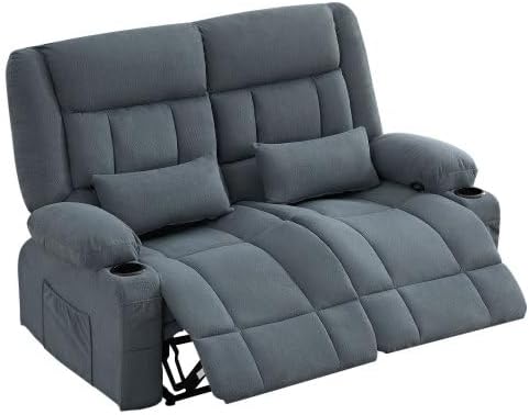 Recliner Loveseat Sofa with Cup Holders 2-Seater Fabric Reclining Couch Manual Recliner Chairs Sofas Wall Hugger for Living Room Small Spaces Home Theater RV Ergonomic Love Seats (Blue - 2 Seats)