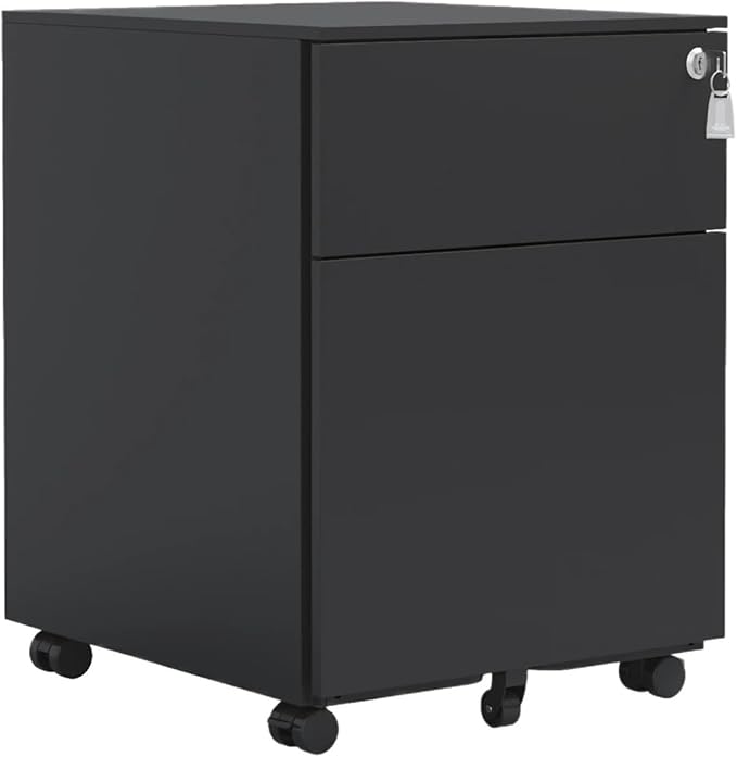 Mobile File Cabinet Steel Mobile File Cabinet with 2 Drawers Lock for Home Office Legal Letter A4 F4 Size 15.35x7.72x21.18 Inch(Black)