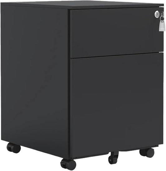 Mobile File Cabinet Steel Mobile File Cabinet with 2 Drawers Lock for Home Office Legal Letter A4 F4 Size 15.35x7.72x21.18 Inch(Black)
