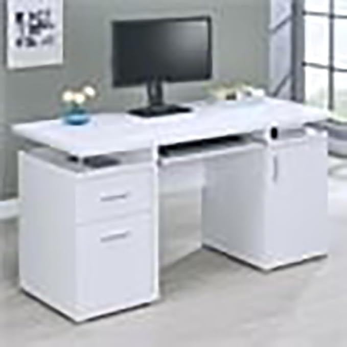 Pemberly Row 2-Drawer Wood Computer Desk 55 W x 23.5 D x 29.5 H White Finish Modern Home Office Desk with Keyboard Tray File Drawer Adjustable Shelf Storage Cabinet Silver Metal Accents