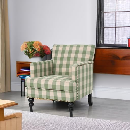 Christopher Knight Home Eve Modern Upholstered Club Chair Wooden Living Room Accent Chair Comfy Bedroom Reading Chair Multifunctional Armchair Green Checkerboard