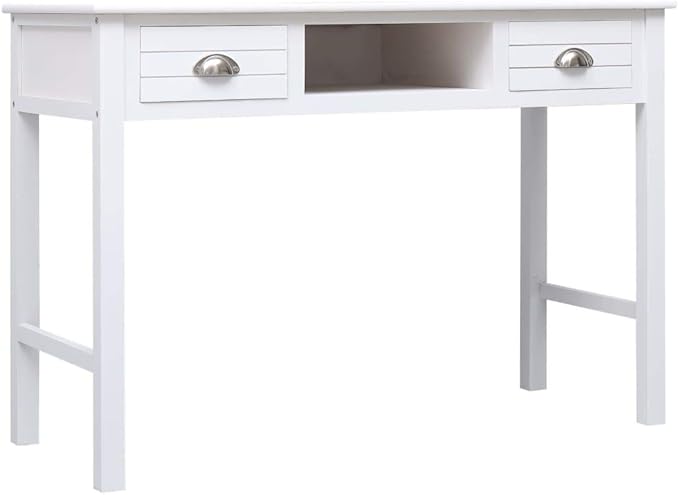 Wooden Writing Desk Modern Simple Home Office Computer Laptop Writing Desk with 2 Drawers and 1 Open Compartment White 43.3x17.7x29.9 Wood-85