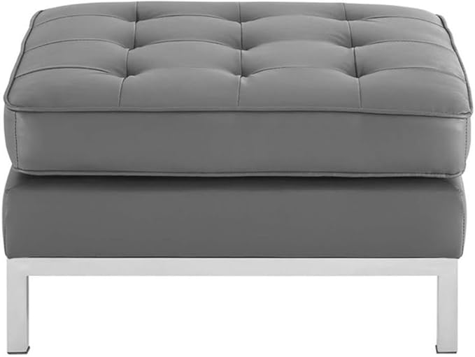 Modway Loft Tufted Button Faux Leather Upholstered Square Ottoman in Silver Gray