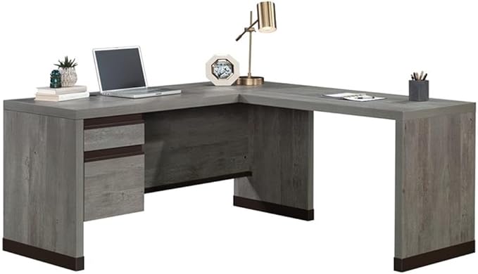 Pemberly Row Modern L-Shaped Engineered Wood Desk Mystic Oak Finish Metal Accents Lockable File Drawer Spacious Home Office Workspace Safety Certified for Durability and Performance