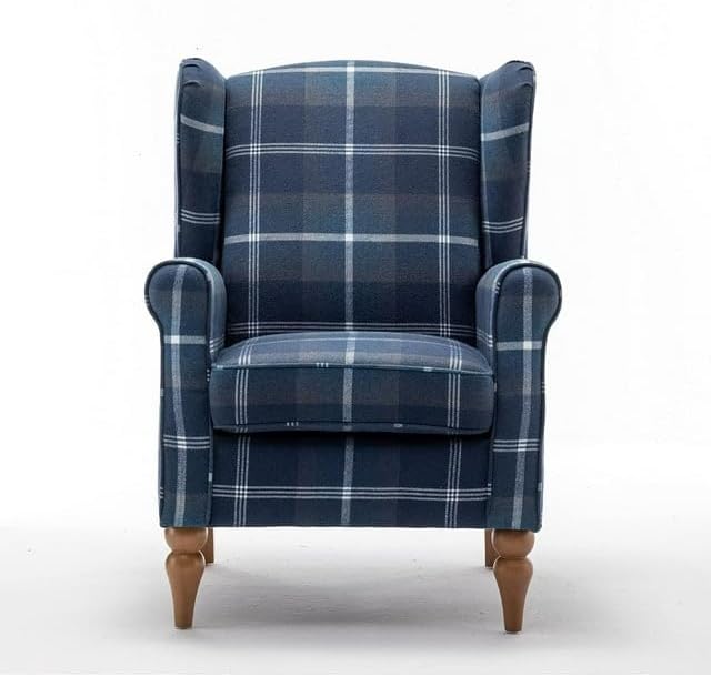 Modern Accent Chair with Retro Wood Legs Comfy Upholstered ArmchairTantan Check Design Single Sofa Chair for Living Room Bedroom Office - Blue