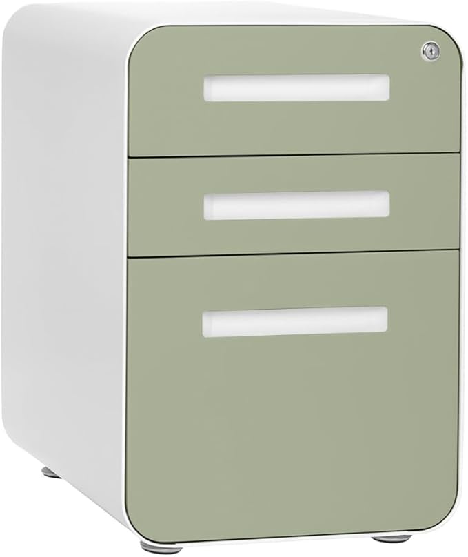 Laura Davidson Furniture Stockpile 3 Drawer File Cabinet with Lock - Under Office Desk Metal Filing Cabinet Legal/Letter File Folders Wheels and Stationary Feet Pre-Assembled Sage Green