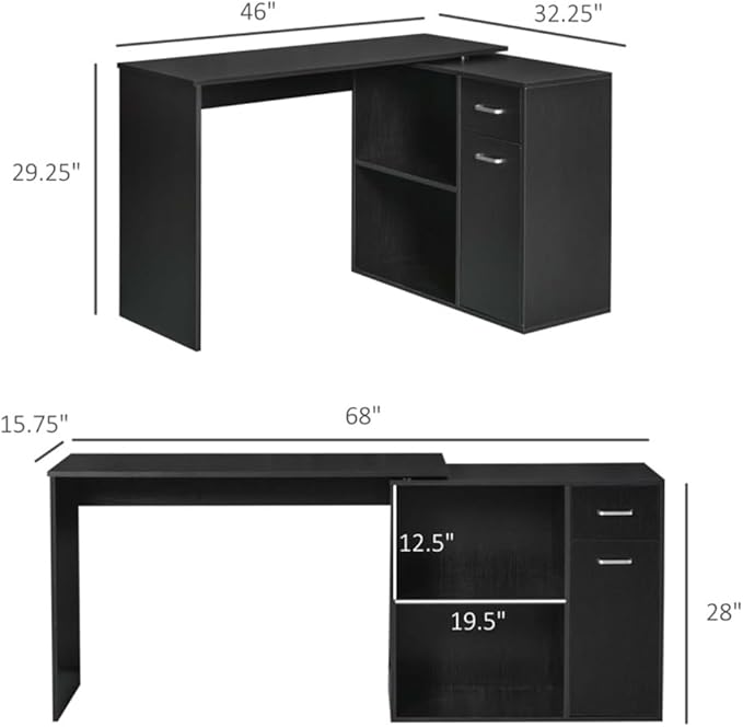 Home Office Computer Desk Corner Desk with 2 Drawers and 2 Shelves 46 Inch Large L-Shaped Study Writing Table with Storage Cabinet - Black