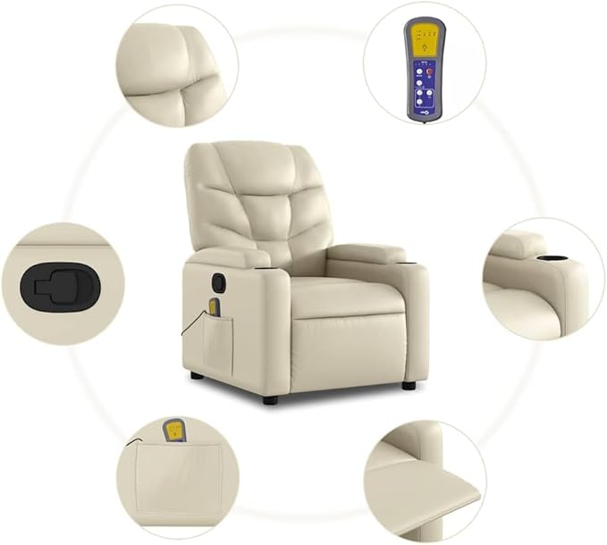 vidaXL Massage Recliner Chair - Cream Faux Leather Manual Reclining Vibration Massage Functions Cup Holders Solid Frame - Home Office Living Room