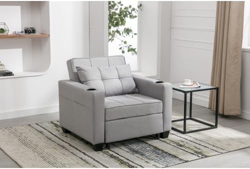 3-in-1 Convertible Sofa Bed with Adjustable Backrest &amp 2 Cupholders - Modern Sleeper Chair for Living Room/Office/Small Apartment (Light Gray)